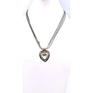 Vintage Brighton silver plated triple strand two tone heart pendant necklace